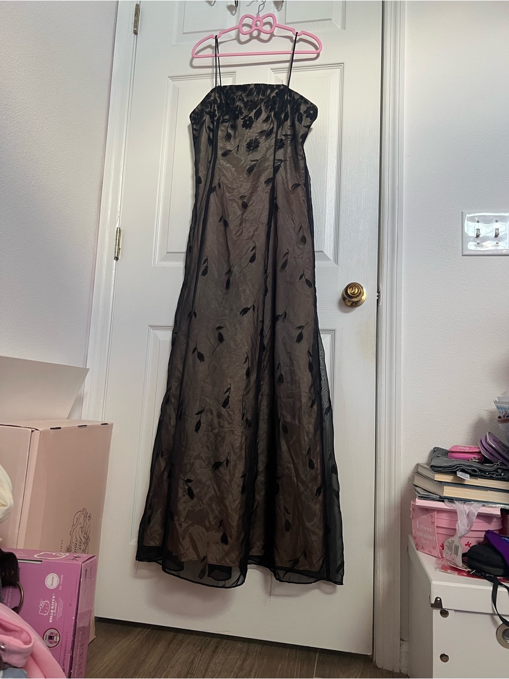Morgan & Co. Whimsigoth Black Overlay Maxi Dress with Sheer Leaf Embroidery